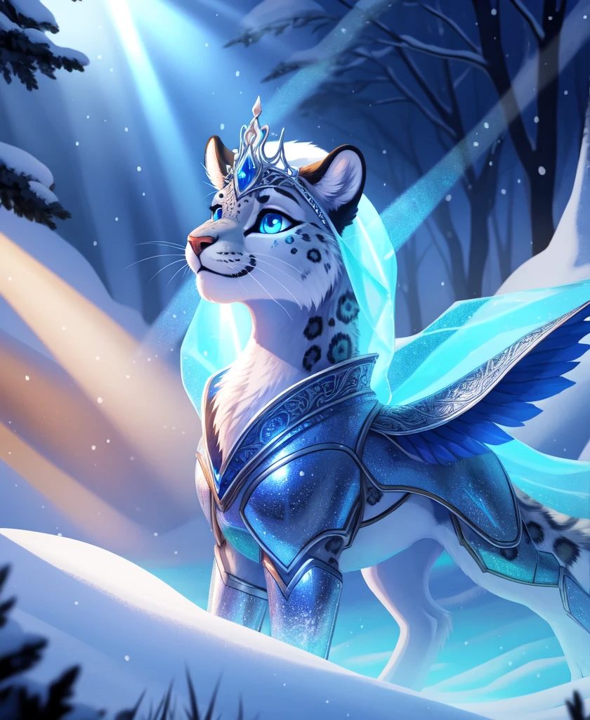 antro Leopardo da neve selvagem quadrúpede adulto feminino com olhos azuis vestindo armadura azul e prateada e uma tiara em uma floresta nevada com magia de gelo. corpo todo (sorriso), (brilho, raios de deus, etéreo, sonhadores, celestial, sobrenatural, sonhe como, Tirar o fôlego, cativante, divino) ilustração, desenhado à mão, linha arrojada, anthro ilustração, Cel sombreado, 4K, detalhes finos, obra de arte