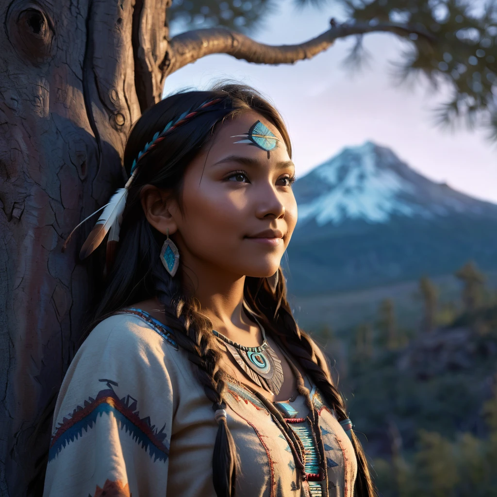 (grainy:0.5), cinematic, beautiful girl,native american,fantasy,(solo:1.3), detailed eyes, detailed face, detailed native american clothing , volumetric lighting, dusk, extremely detailed background, standing next to tree and mountain, smiling, half closed eyes, tilted head, from side