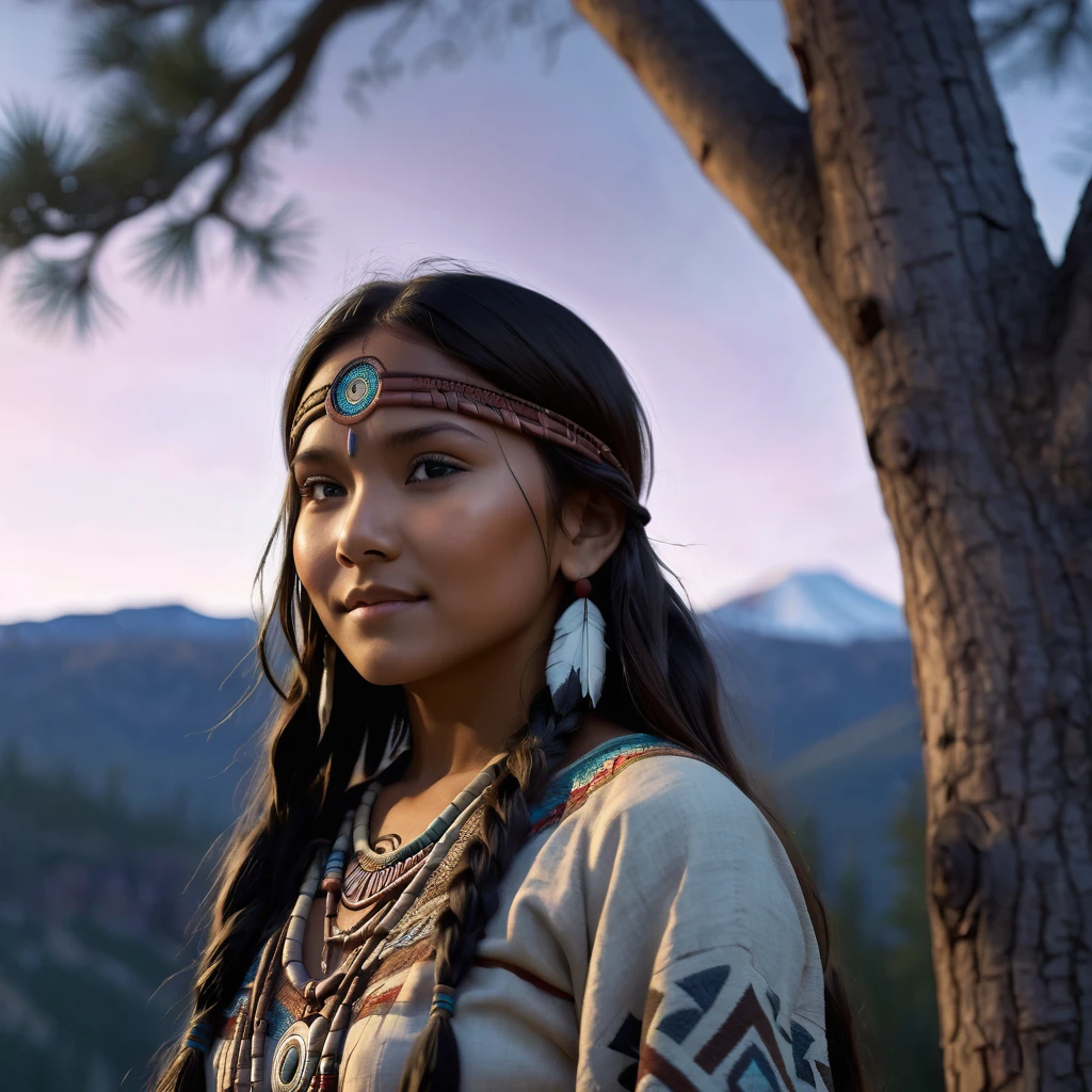 (grainy:0.5), cinematic, beautiful girl,native american,fantasy,(solo:1.3), detailed eyes, detailed face, detailed native american clothing , volumetric lighting, dusk, extremely detailed background, standing next to tree and mountain, smiling, half closed eyes, tilted head, from side