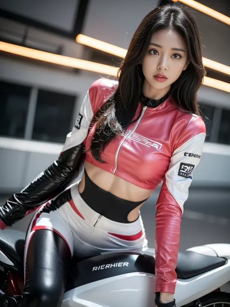 1 sister，wearing a tight pink and white racing suit，big goals legs coming towards you，hold the handlebars of your motorcycle，(ri...