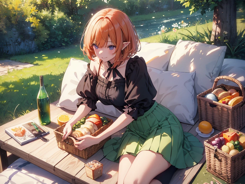 Woman sleeping on her back, (Recall,food:1.3),(picnic:1.3),basket, Elf Ears, Park with a view, Highest quality, grassland park, blue sky, hiking, Best image quality,Perfect Anatomy,masterpiece,Ultra-detailed,beautiful,super high quality, Highest quality,High resolution, Very detailed,Game CG,Dutch Angle ,beautiful細部までこだわった目,Visual Arts,Five Fingers, Perfect hands,Hide your hands, {{{One Girl}}}, beautiful詳細な女の子, Game CG, Spring flower, One curl on the outside, Short Bob Hair, Pastel orange hair, Purple eyes,Stylish accessories solo, breast enhancement, Medium Shoot, woman, Take-out, Laughter, huge ,,Pastel green checkered mini skirt,Black knee-highs, {{{{{Wearing a pastel green camisole}}}}},Open your mouth, wonderful, beautiful細部までこだわった目, Highest quality, Very delicate,Masseter muscle area,Highest quality,(Official Art、Highest quality、Unity 8k wallpaper、32K、masterpiece、Ultra-detailed、超High resolution、Realistic、Photorealistic:1.2)、(Cinema Lighting:1.2)、Fire Glow Effect、The most grainy shadows on the film、Side light、Side Shot、(Ultra-detailedで複雑な3Dレンダリング)、Atelier Series, Multiple Girls