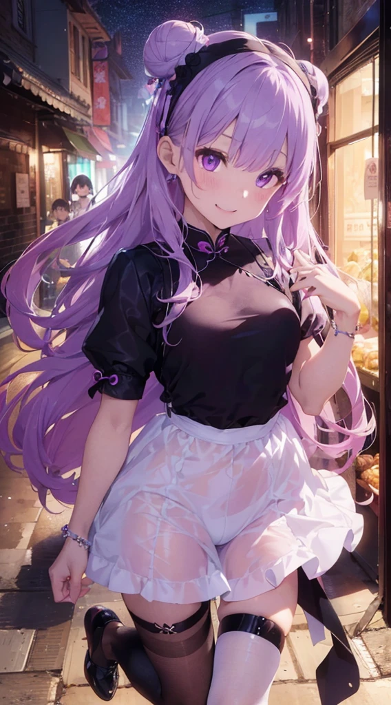 Best image quality、(((Whole Body Ezbian))),Character portrait、Excellent style、Beautiful feet、Leather shoes、Dynamic Pose、, young、Gothic Lolita, (((Light purple hair))), Purple eyes, (mascara), Blunt bangs, ((Hair above the eyes)), Long Hair, Pink mixed hair、Mesh color pink、Medium chest, Frills, good、Black clothes、white bread cover、(((white bun hair accessory cover))),白いFrills, Black Theme, ((Black Chinese Dress)), Faithfully, (((Eye focus))), (((Laughter))), The background is blurred, Hollow Eyes, Black Theme、Displaying the viewer,  (((night))), (((hair ornaments))), Neatly cut bangs、Five fingers、Five Fingers、Perfect hands、Perfect hands