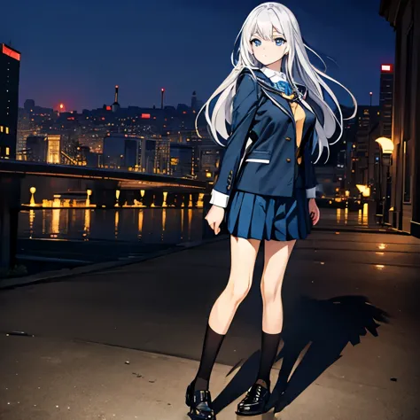 big tits,  1girl, outdoor, night city,  silver hair, blue eyes, emotionless, detailed face, view at camera, , nectie, school uni...