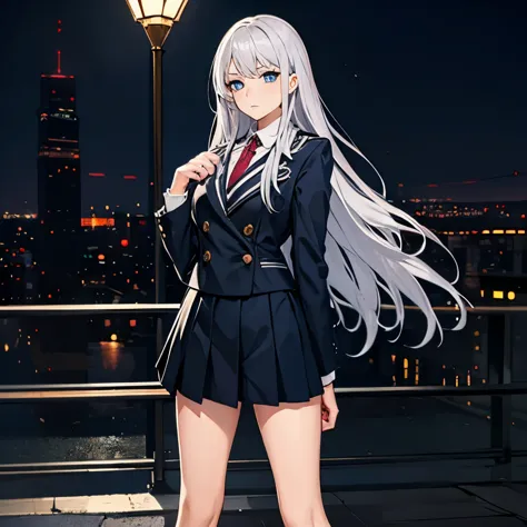 big tits,  1girl, outdoor, night city,  silver hair, blue eyes, emotionless, detailed face, view at camera, , nectie, school uni...