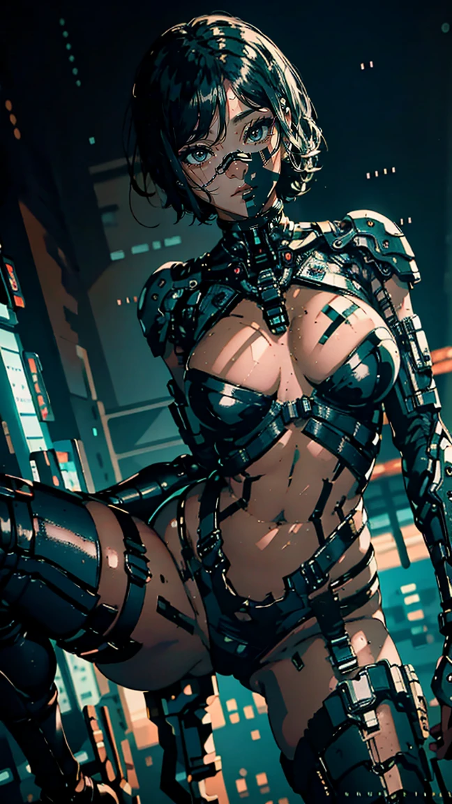 8K, Raw photo, highest quality, masterpiece, realistic, Photoreal, Very Long Shot, aerial view, cinematic lighting, beautiful female cyborg with exposed mechanical parts, dark skin, and artificial eyes, She wears it confidently, black showcasing breasts beneath. Dynamic shooting poses to showcase her agility as she moves through the futuristic landscape, breaking off the heavens
