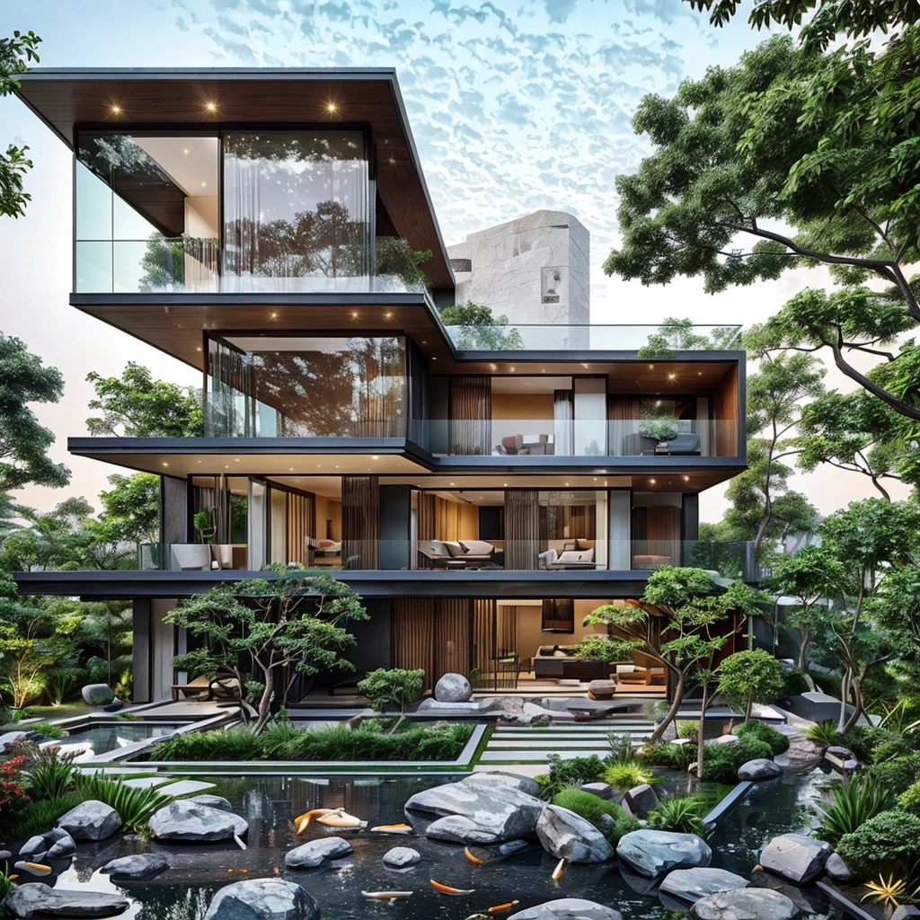 (((best quality, masterpiece))), (surreal, optical:1.2), high quality, (daylight:1.2), perfect lighting,(residential) modern house modern, main material ((wood: gray stone:0.4)), villa, modern gray house, modern, dynamic light, super light, ((light emitted from inside the house:1.1)) , ((clear blue sky:1.3)), ((garden lights)), rock,peaceful, romantic, ((haze)), beautiful garden, 1 trệt, 1 tầng lầu