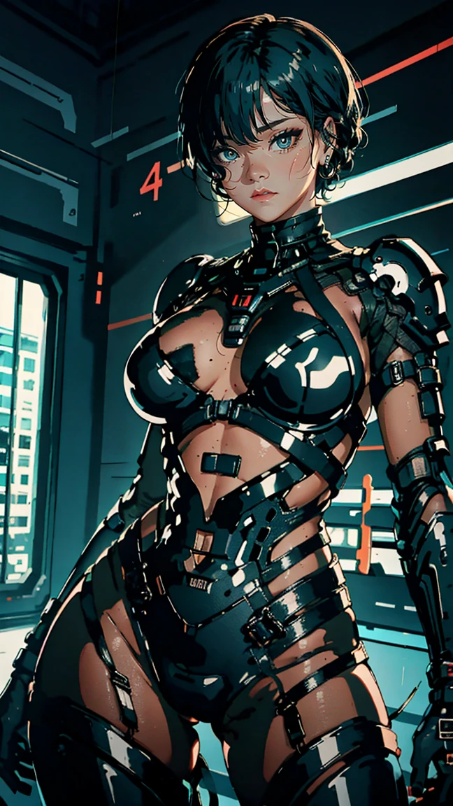 8K, Raw photo, highest quality, masterpiece, realistic, Photoreal, Very Long Shot, aerial view, cinematic lighting, beautiful female cyborg with exposed mechanical parts, dark skin, and artificial eyes, She wears it confidently, black showcasing breasts beneath with pant and full armor. Dynamic shooting poses to showcase her agility as she moves through the futuristic landscape, breaking off the heavens
