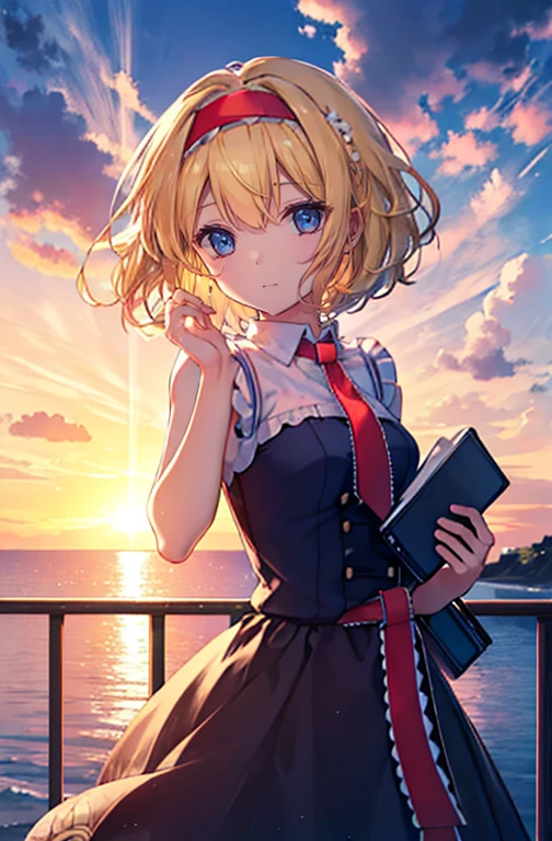 Alice Margatroid, short hair, blue eyes, Blonde,  , ,Red headband,,,,,evening,sunset,walk,The sun goes down,whole bodyがイラストに入るように,Clear Eyes、Character paintings that blend seamlessly with the scenery、Hair flutters in the wind、Brush your hair back、Sensitive emotions、be sentimental、Wipe away the tears、Sadness wells up inside me、lonely、Emotional outburst、
break outdoors, Coastal Road,Area,
break looking at viewer, whole body,
break (masterpiece:1.2), Highest quality, High resolution, unity 8k wallpaper, (shape:0.8), (Beautiful details:1.6), Highly detailed face, Perfect lighting, Highly detailed CG, (Perfect hands, Perfect Anatomy),