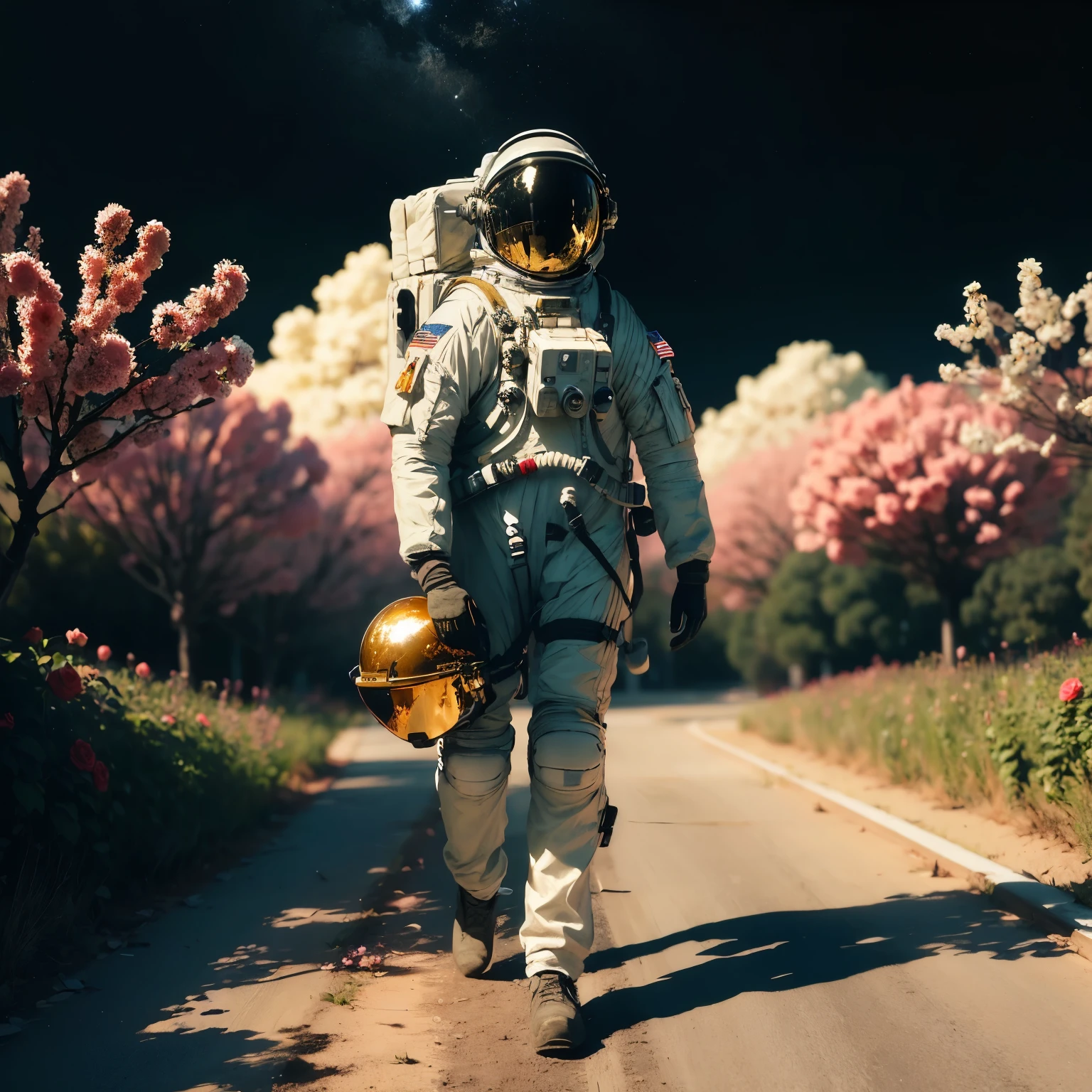 an astronaut wearing a helmet painted, Walking on blooming roses, full body, militaristic realism, hd mod, dark gold, distinctive noses