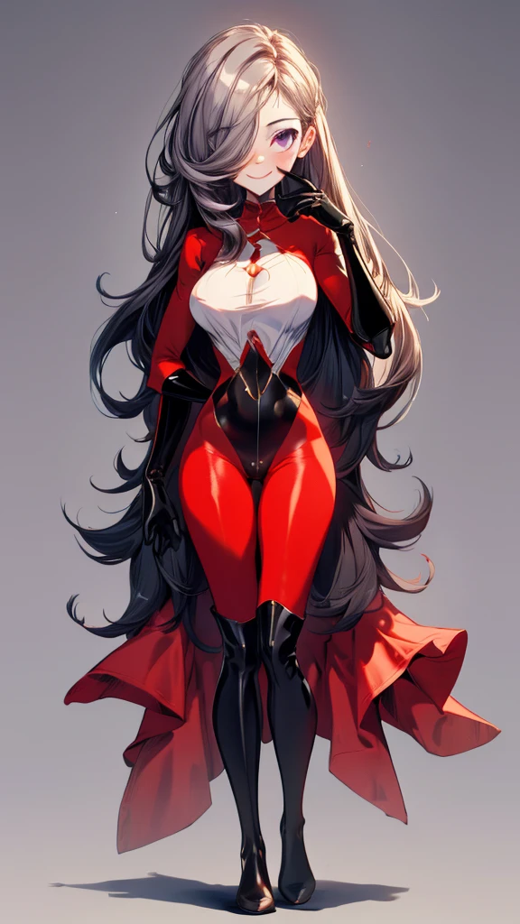 (full body),masterpiece, Highest quality, One Girl, purple, Long Hair, Black Hair,  Hair on one eye,  (Red Hero Suit)，Red bodysuit，black elbow gloves，Black thigh-high boots，Thick thighs，Place one hand on hip，upright，View your viewers, smile, Simple Background 