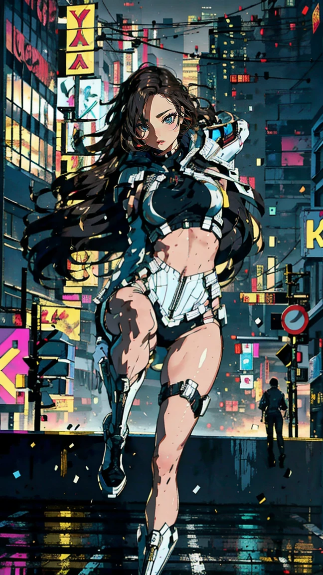 8K, Raw photo, highest quality, masterpiece, realistic, Photoreal, Full body, aerial view, cinematic lighting, Miranda May Kerr stands tall in a white Cyberpunk uniform full armor, a Very Long Shot, and her dark brown hair cascading down her shoulders. Her ultra-detailed face with beautiful features shines in the dimly lit cyberpunk setting. The sleek uniform accentuates her medium height and slender athletic figure. She wears it confidently, showcasing breasts beneath. Dynamic shooting poses to showcase her agility as she moves through the futuristic landscape.
