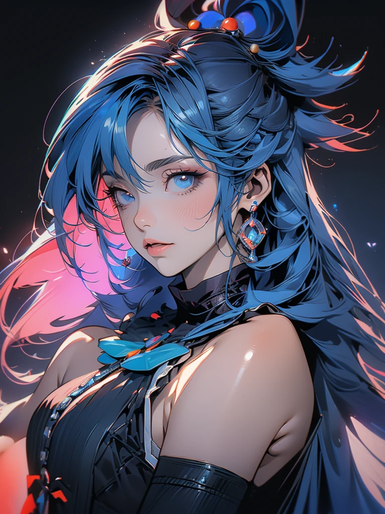 (Best quality, sketch:1.2),realistic,illustrator, Aqua Konosuba,anime,1 girl, detailed lips, blue hair, hairpin, elbow-length gloves, bare shoulders,custom, black and red gradient background,neon hair,Textured trim, masterpiece, retro classic style, black style , 