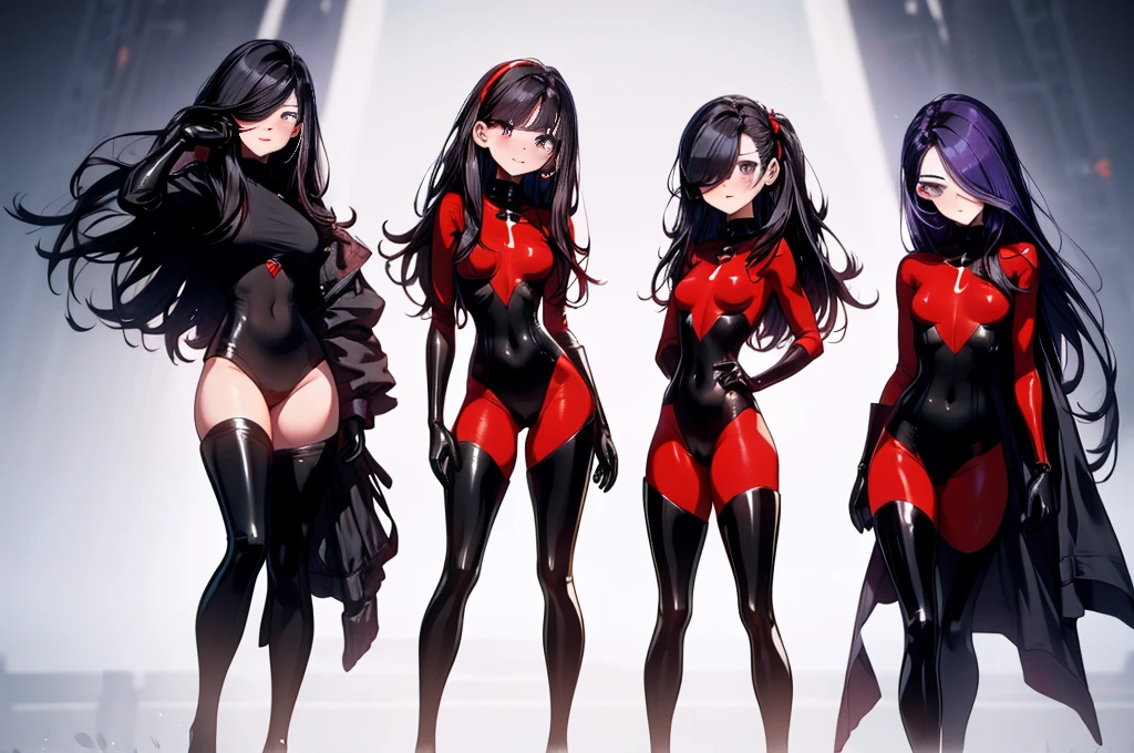 (full body),masterpiece, Highest quality, One Girl, purple, Long Hair, Black Hair,  Hair on one eye,  (Red Hero Suit)，Red bodysuit，black elbow gloves，Black thigh-high boots，Thick thighs，Place one hand on hip，upright，View your viewers, smile, Simple Background 