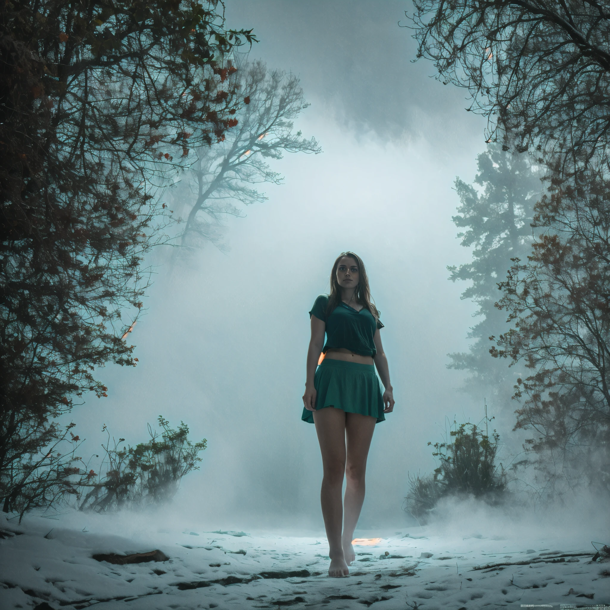 A highly detailed and hyper-realistic depiction of a princess in green skirt, in blue shirt, wearing white panties, Realistic hands. ((full body)), mybeauties, The perspective is from below. ((Full body, bare feet)). The character is surrounded by mist, evoking a mysterious and eerie atmosphere. The lighting is dark and atmospheric, with a red smoke adding a touch of sinister ambiance. The image is of the best quality, with a resolution of 4k and HDR enhancement, showcasing the utmost level of detail and realism, sfw, full body shot.