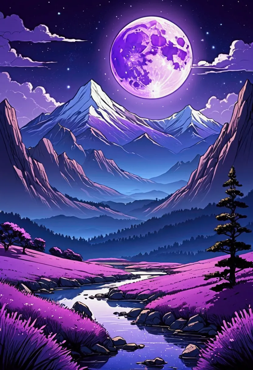 a beautiful landscape, beautiful mountains, a purple moon, beautiful sample space, anime style, cartoon style, sketchbook style