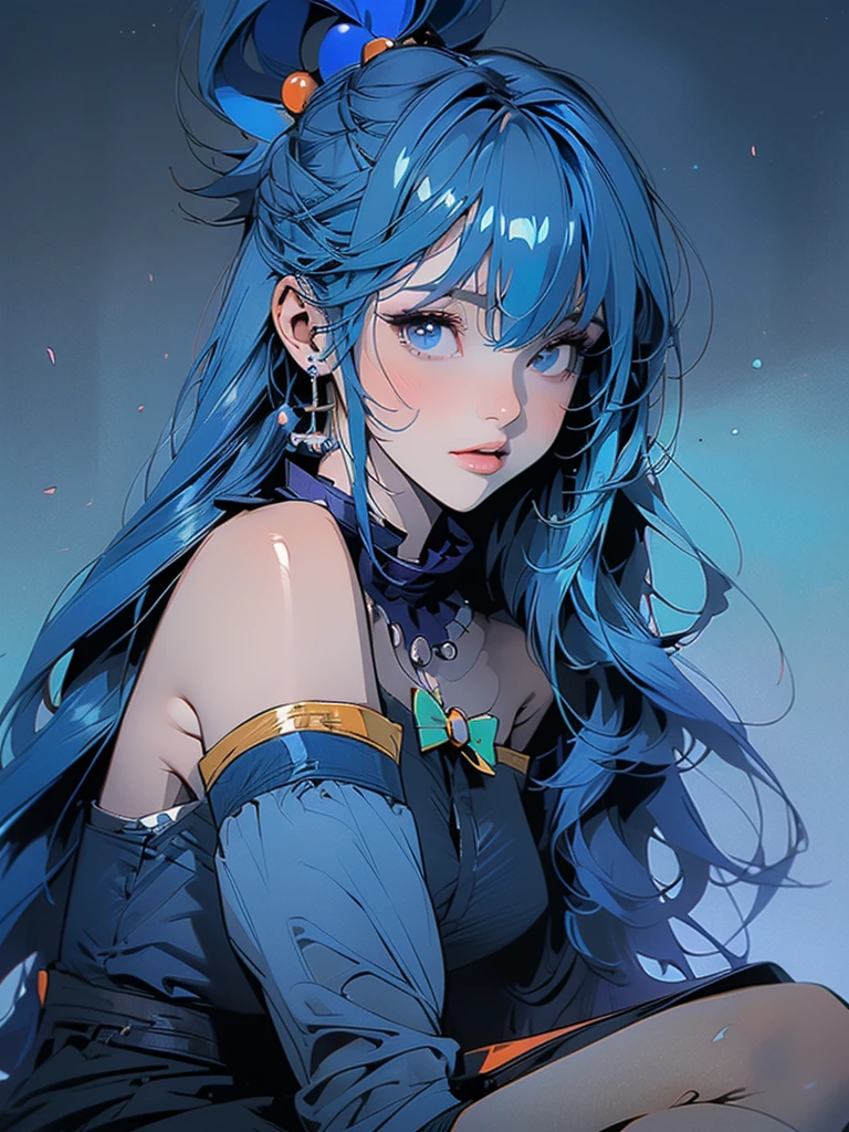 (Best quality, sketch:1.2),realistic,illustrator, Aqua Konosuba,anime,1 girl, detailed lips, blue hair, hair ornament, necklace, bare shoulders, green bow, blue shirt, cut off sleeves, blue skirt, thigh high, black and red gradient background,neon hair,Textured trim, masterpiece, retro classic style, black style , 