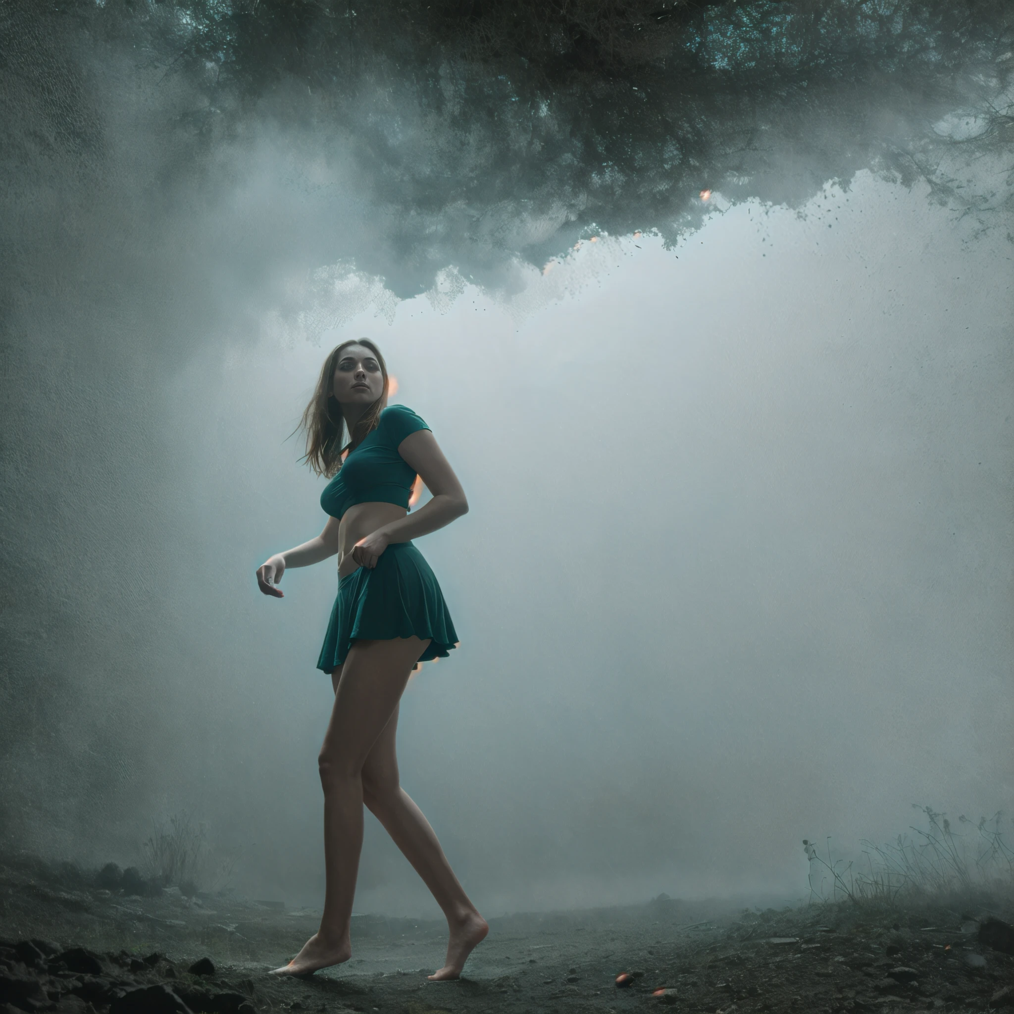 A highly detailed and hyper-realistic depiction of a princess in green skirt, in blue shirt, wearing white panties, Realistic hands. ((full body)), mybeauties, The perspective is from below. ((Full body, bare feet)). The character is surrounded by mist, evoking a mysterious and eerie atmosphere. The lighting is dark and atmospheric, with a red smoke adding a touch of sinister ambiance. The image is of the best quality, with a resolution of 4k and HDR enhancement, showcasing the utmost level of detail and realism, sfw, full body shot.