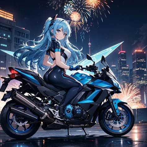 A girl riding a large blue sports bike、Patent leather riding suit、circuit、pit、blue blow hair、Asian、Futuristic City、Night view、Mirror-like floor、, Spectacular Pyrotechnics, Star mine with a large number of fireworks, Shots from a distance, Backward view, Night view, A shy smile, Bokeh effect and depth of field, High Key Light