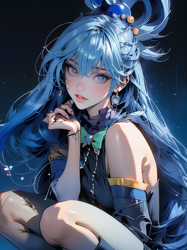 (Best quality, sketch:1.2),realistic,illustrator, Aqua Konosuba,anime,1 girl, detailed lips, blue hair, hair ornament, necklace, bare shoulders, green bow, blue shirt, cut off sleeves, blue skirt, thigh high, black and red gradient background,neon hair,Textured trim, masterpiece, retro classic style, black style , 