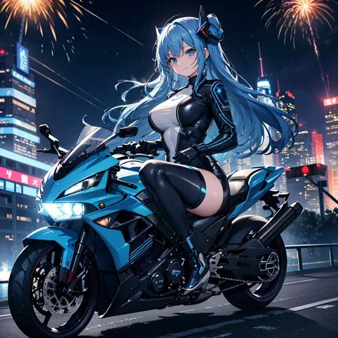 A girl riding a large blue sports bike、Patent leather riding suit、circuit、pit、blue blow hair、Asian、Futuristic City、Night view、Mirror-like floor、, Spectacular Pyrotechnics, Star mine with a large number of fireworks, Shots from a distance, Backward view, Night view, A shy smile, Bokeh effect and depth of field, High Key Light