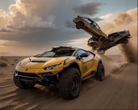 Generates an action scene in which a Lamborghini 4x4 races at high speed through a desert, raising clouds of dust and dodging dunes. As the Lamborghini moves forward, shows two cars colliding spectacularly on the horizon, with a large explosion of dust and debris. The Lamborghini remains in the foreground, while the impact behind generates a cloud of sand and flying fragments, in an arid and dramatic landscape.