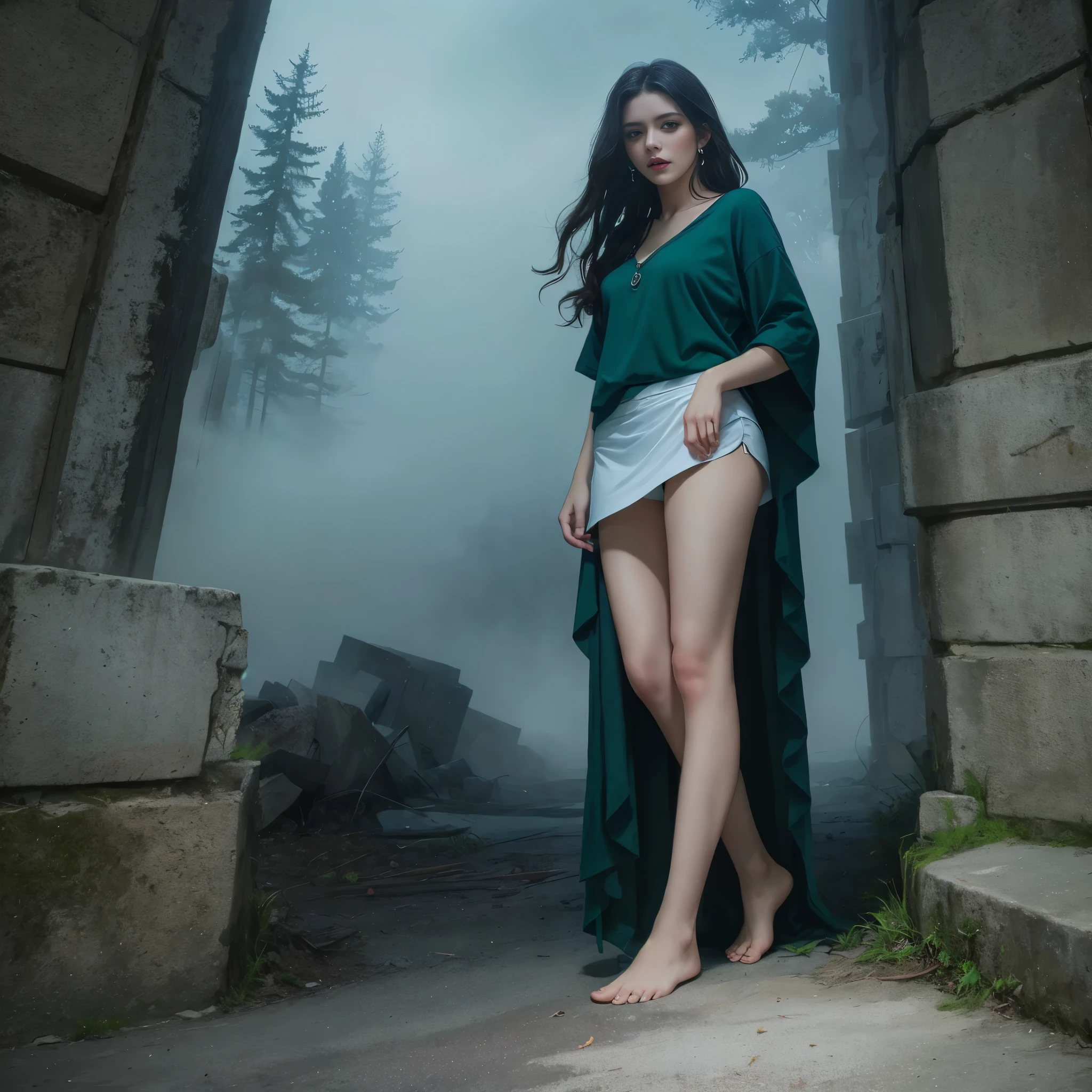 A highly detailed and hyper-realistic depiction of a princess in green skirt, in blue shirt, wearing white panties, Realistic hands. ((full body)), mybeauties, The perspective is from below. ((Full body, bare feet)). The character is surrounded by mist, evoking a mysterious and eerie atmosphere. The lighting is dark and atmospheric, with a red smoke adding a touch of sinister ambiance. The image is of the best quality, with a resolution of 4k and HDR enhancement, showcasing the utmost level of detail and realism, sfw, full body shot.