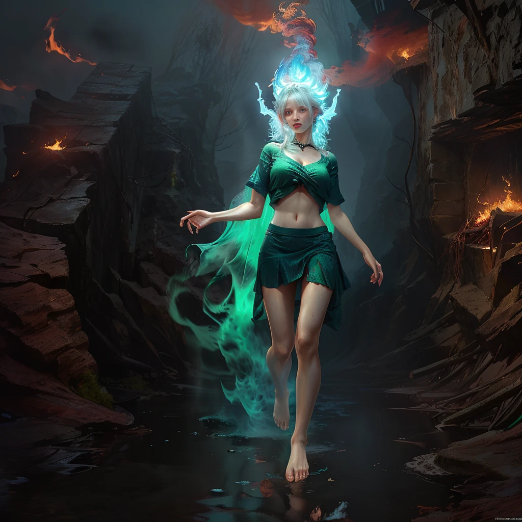 A highly detailed and hyper-realistic depiction of a princess in green skirt, in blue shirt, fire elemental girl, wearing white panties, Realistic hands. ((full body)), mybeauties, The perspective is from below. ((Full body, bare feet)). The character is surrounded by mist, evoking a mysterious and eerie atmosphere. The lighting is dark and atmospheric, with a red smoke adding a touch of sinister ambiance. The image is of the best quality, with a resolution of 4k and HDR enhancement, showcasing the utmost level of detail and realism, sfw, full body shot.