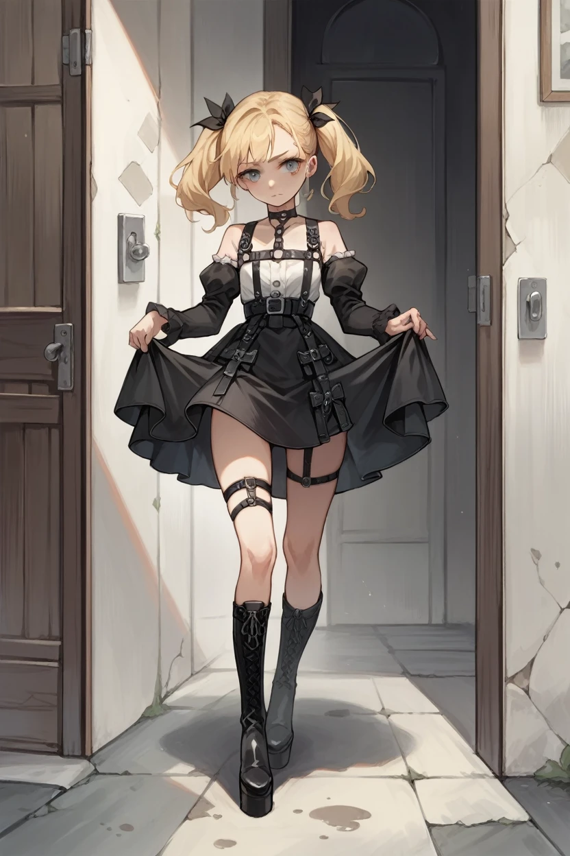 score_9, score_8_superior, score_7_superior, score_6_superior, sauce_anime, Blake 1girl Door Mary, Blonde, Twin tails, x Hair accessories, Hair Ribbon, choker, Harness, Black Skirt, Black and white dress, Removable sleeves, black sleeves, Thigh straps, Platform boots, Skirt Hold, I&#39;m watching you, blush, I&#39;m watching you, corridor, Mansion, Leaning forward 1boy vaginal,sex nsfw