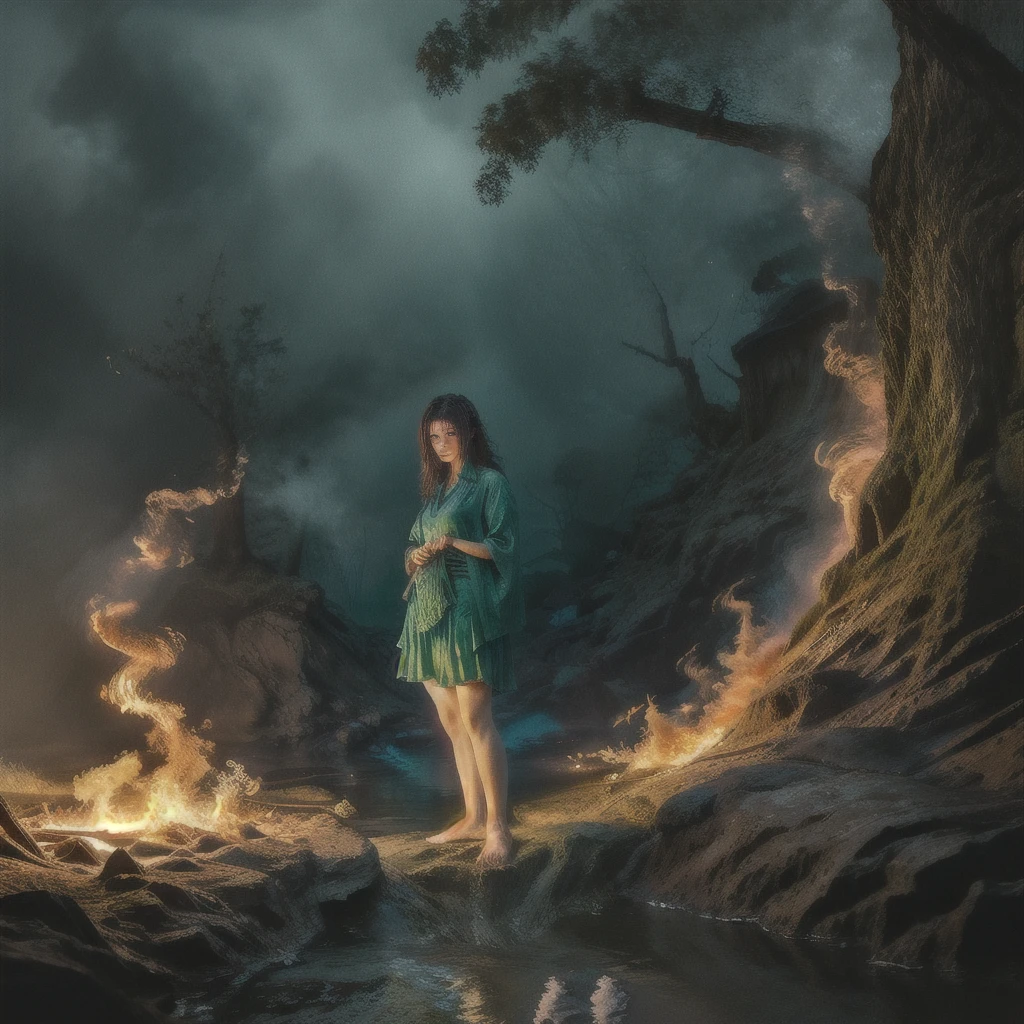 A highly detailed and hyper-realistic depiction of a princess in green skirt, in blue shirt, fire elemental girl, wearing white panties, Realistic hands. ((full body)), mybeauties, The perspective is from below. ((Full body, bare feet)). The character is surrounded by mist, evoking a mysterious and eerie atmosphere. The lighting is dark and atmospheric, with a red smoke adding a touch of sinister ambiance. The image is of the best quality, with a resolution of 4k and HDR enhancement, showcasing the utmost level of detail and realism, sfw, full body shot.