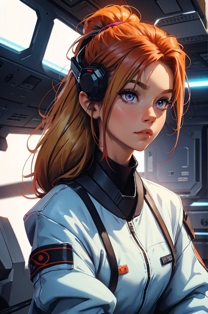 ponytail hair, no-helmet, red hair, ginger, mature girl, super beautiful, super blue and orange, purple., fiery red, red hair, portrait, light vintage blonde color hair, scientist character, female, super strong, female, blonde and silver clothing, cyberpunk female, short blonde hair, portrait, close-up, in a spaceship hangar, a female in a sci-fi jumpsuit with led lights making shapes, she has short light green hair, purple eyes, silver clothing.