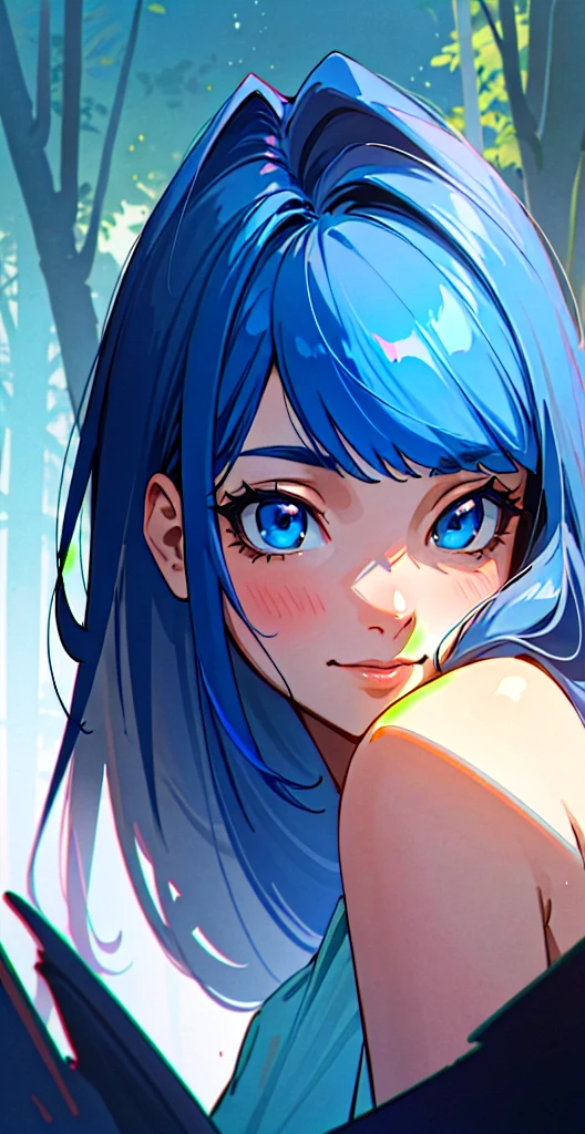 (masterpiece:1.2, best quality:1.2, beautiful, high quality, highres:1.1, aesthetic), detailed, extremely detailed, ambient soft lighting, 4K, perfect lighting, perfect face, perfect eyes,  1 girl, samantha, blue hair, blue eyes, smile, full length, dark blue hair, forest, night, stars