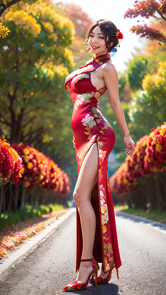 (8k、Ultra-high resolution、Ultra-high resolution、Ultra HD、Ultra-realistic、Highest quality、Masseter muscle area:1.2)(Quite large breasts、Quite large breastsの谷間、Tight ass:1.3)(Red floral cheongsam、Quite a large slit、Quite large breasts、Cheongsam fluttering in the wind:1.8)(Adult women、Black short bob:1.15)High heels、Smile happily(Tree-lined avenue in autumn:1.18)、Micro Bikini