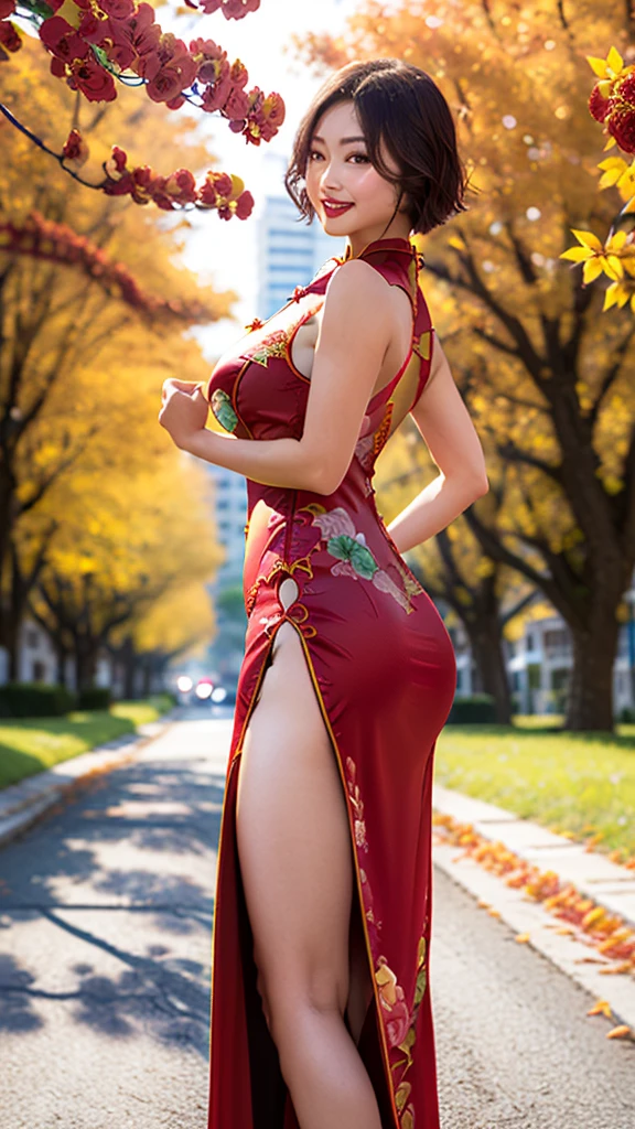 (8k、Ultra-high resolution、Ultra-high resolution、Ultra HD、Ultra-realistic、Highest quality、Masseter muscle area:1.2)(Quite large breasts、Quite large breastsの谷間、Tight ass:1.3)(Red floral cheongsam、Quite a large slit、Quite large breasts、Cheongsam fluttering in the wind:1.8)(Adult women、Black short bob:1.15)High heels、Smile happily(Tree-lined avenue in autumn:1.18)、Micro Bikini