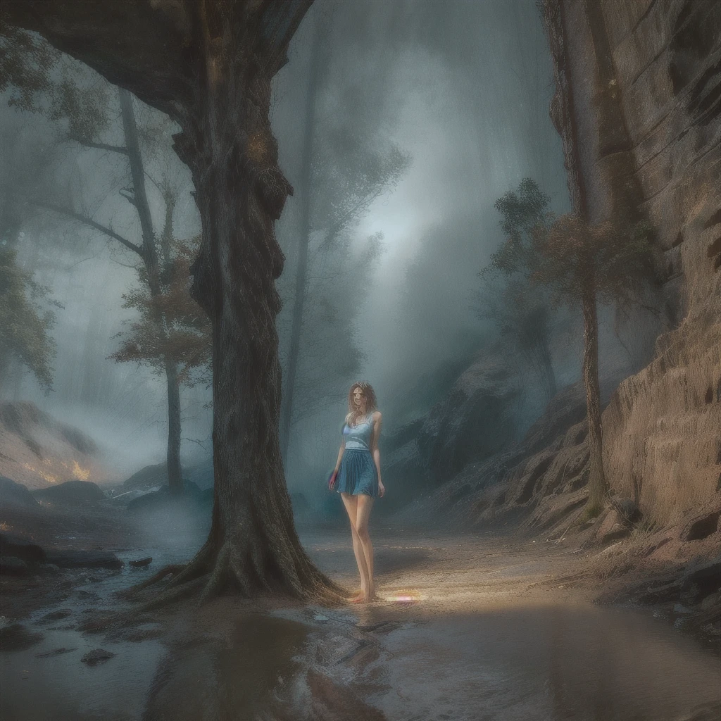 A highly detailed and hyper-realistic depiction of a princess in green skirt, in blue shirt, fire elemental girl, wearing white panties, Realistic hands. ((full body)), mybeauties, The perspective is from below. ((Full body, bare feet)). The character is surrounded by mist, evoking a mysterious and eerie atmosphere. The lighting is dark and atmospheric, with a red smoke adding a touch of sinister ambiance. The image is of the best quality, with a resolution of 4k and HDR enhancement, showcasing the utmost level of detail and realism, sfw, full body shot.