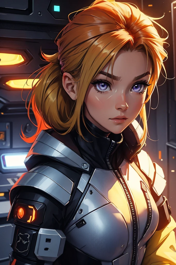 black and gold, ponytail hair, no-helmet, red hair, ginger, mature girl, super beautiful, super blue and orange, purple., fiery red, red hair, portrait, light vintage blonde color hair, scientist character, female, super strong, female, blonde and silver clothing, cyberpunk female, short blonde hair, portrait, close-up, in a spaceship hangar, a female in a sci-fi jumpsuit with led lights making shapes, she has short light green hair, purple eyes, silver clothing.