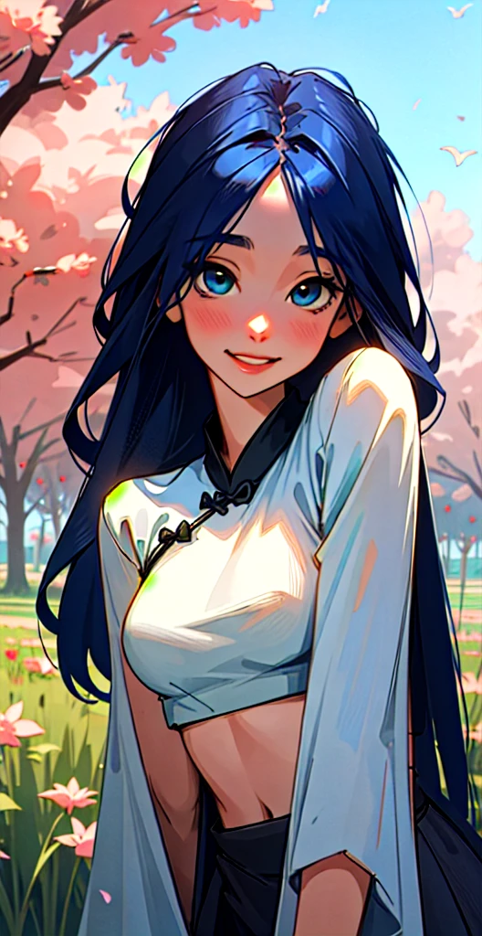 masterpiece, best quality, gorgeous pale american cute girl, smiling, (crop top), blue hair, straight hair, old chinese clothes, lean against a tree, field, flowers smiling, perfectly symmetrical face, detailed skin, elegant, alluring, attractive, amazing photograph, breathtaking, atmospheric perspective, diffusion, pore correlation, skin imperfections, DSLR, 80mm Sigma f2, depth of field, intricate natural lighting, looking at camara,, latex, golden eyes, femdom, view from down, very long hair, old chinese dress, Samantha, night, stars, blue eyes 