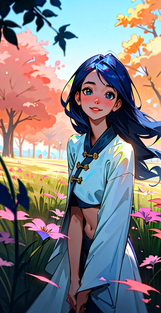 masterpiece, best quality, gorgeous pale american cute girl, smiling, (crop top), blue hair, straight hair, old chinese clothes, lean against a tree, field, flowers smiling, perfectly symmetrical face, detailed skin, elegant, alluring, attractive, amazing photograph, breathtaking, atmospheric perspective, diffusion, pore correlation, skin imperfections, DSLR, 80mm Sigma f2, depth of field, intricate natural lighting, looking at camara,, latex, golden eyes, femdom, view from down, very long hair, old chinese dress, Samantha, night, stars, blue eyes 