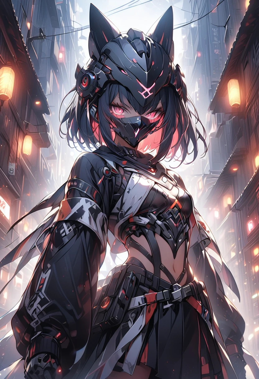 ((masterpiece,high resolution,best quality,8K))
(一名黑皮肤female子,15 years old,flat chest,slim,Black short hair,Dark Skin)(female,60% Mechanical,Mechanical helmets,Face covering helmet)
(Black and Lights)Horus