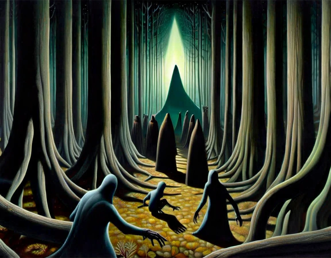 surreal-xl, absurd, bizarre, eerie, fanciful, fantastic, ludicrous, Shadow people watching us inside a dark horror forest, heroic lighting, folklore, intricate, highly detailed, lifelike, photorealistic, digital painting