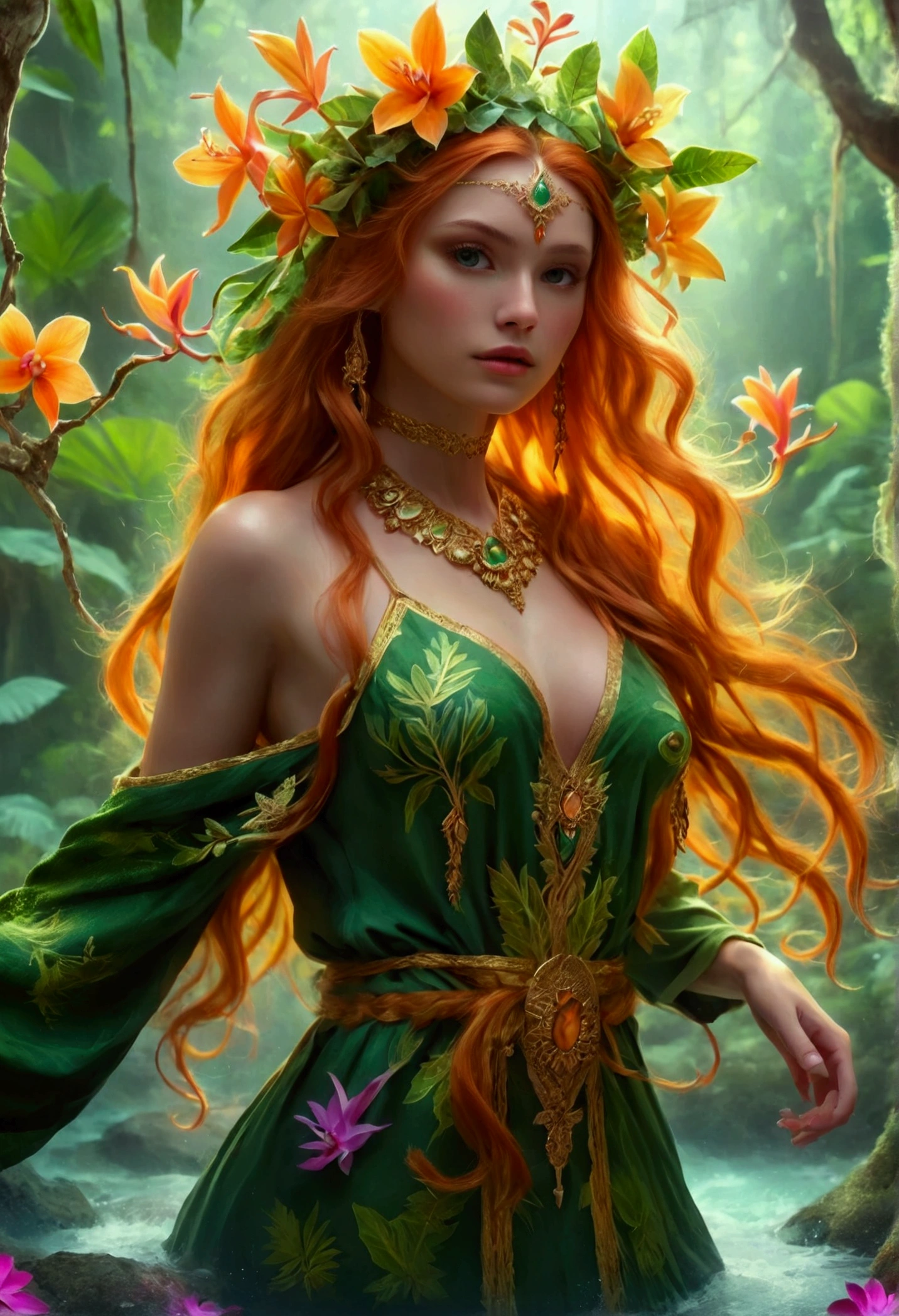  a picture of a druid in her jungle cove, an exotic, most beautiful human druid, priest of nature, warden of the wild of the jungle, full body, ((anatomically correct: 1.5)) long hair, wild hair, orange hair, flowers and leaves in her hair, wearing a ((green robe: 1.3)), intricate robe, with flowers on it,  small cleavage, high boots, eyes glowing with magic, she protects her jungle grove, many old (cacao trees: 1.3), orchids trees, heliconia flowers, some wild life, a (stream of water: 1.3), fantasy art, vibrant, Ultra-high resolution, High Contrast, (masterpiece:1.5), highest quality, Best aesthetics), best details, best quality, highres, ultra wide angle, 16k, [ultra detailed], masterpiece, best quality, (extremely detailed) RAW, DruidMagicAI