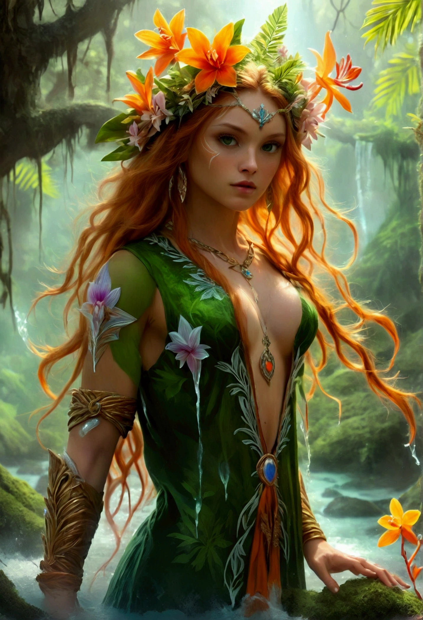  a picture of a druid in her jungle cove, an exotic, most beautiful human druid, priest of nature, warden of the wild of the jungle, full body, ((anatomically correct: 1.5)) long hair, wild hair, orange hair, flowers and leaves in her hair, wearing a ((green robe: 1.3)), intricate robe, with flowers on it,  small cleavage, high boots, eyes glowing with magic, she protects her jungle grove, many old (cacao trees: 1.3), orchids trees, heliconia flowers, some wild life, a (stream of water: 1.3), fantasy art, vibrant, Ultra-high resolution, High Contrast, (masterpiece:1.5), highest quality, Best aesthetics), best details, best quality, highres, ultra wide angle, 16k, [ultra detailed], masterpiece, best quality, (extremely detailed) RAW, DruidMagicAI