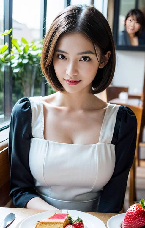 (A gorgeous lady, 32yo, with beautiful detailed eyes, friendly and kind smile, beautiful detailed lips, extremely detailed eyes and face, long eyelashes, a gentle face, in a coffee shop, as a waitress bringing a cake to the table, with bob haircut, healthy figure, modest bosom, wearing a Gothic Lolita semi-costume and maid costume with a strawberry image, clothes that are mainly white, flesh-colored pantyhose, high-heels, SFW, Family-friendly, (best quality,4k,8k,highres,masterpiece:1.2),ultra-detailed,(realistic,photorealistic,photo-realistic:1.37),HDR,UHD,studio lighting,ultra-fine painting,sharp focus,physically-based rendering,extreme detail description,professional,vivid colors,bokeh,portraits,photography)