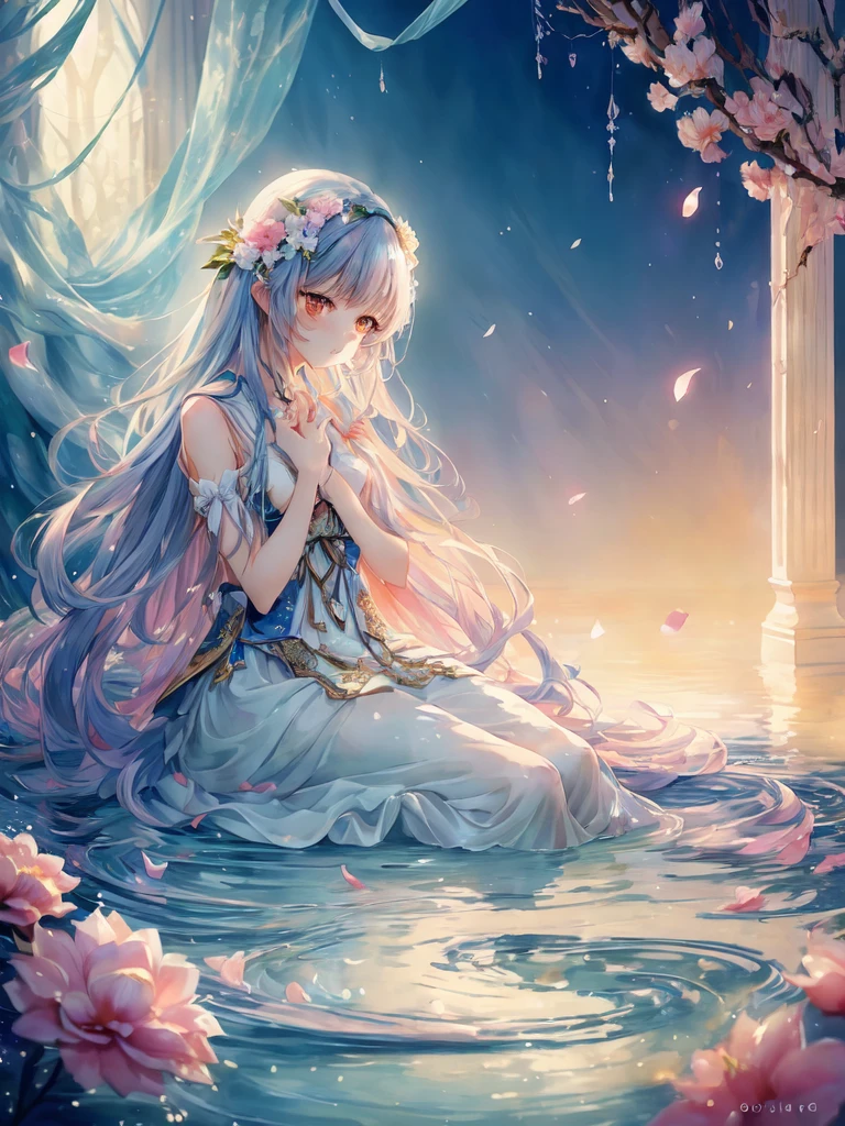 Long hair anime girl sitting in water with flowers, Beautiful fantasy anime, Anime fantasy illustration, Beautiful Anime artwork, Anime fantasy artwork, Beautiful Anime art, anime art wallpaper 4k, anime art wallpaper 4k, Anime Art Wallpapers 8K, Beautiful artwork illustration, Beautiful Anime, Beautiful Anime girl, Beautiful fantasy maiden, Beautiful fantasy art, Digital art on Pixiv