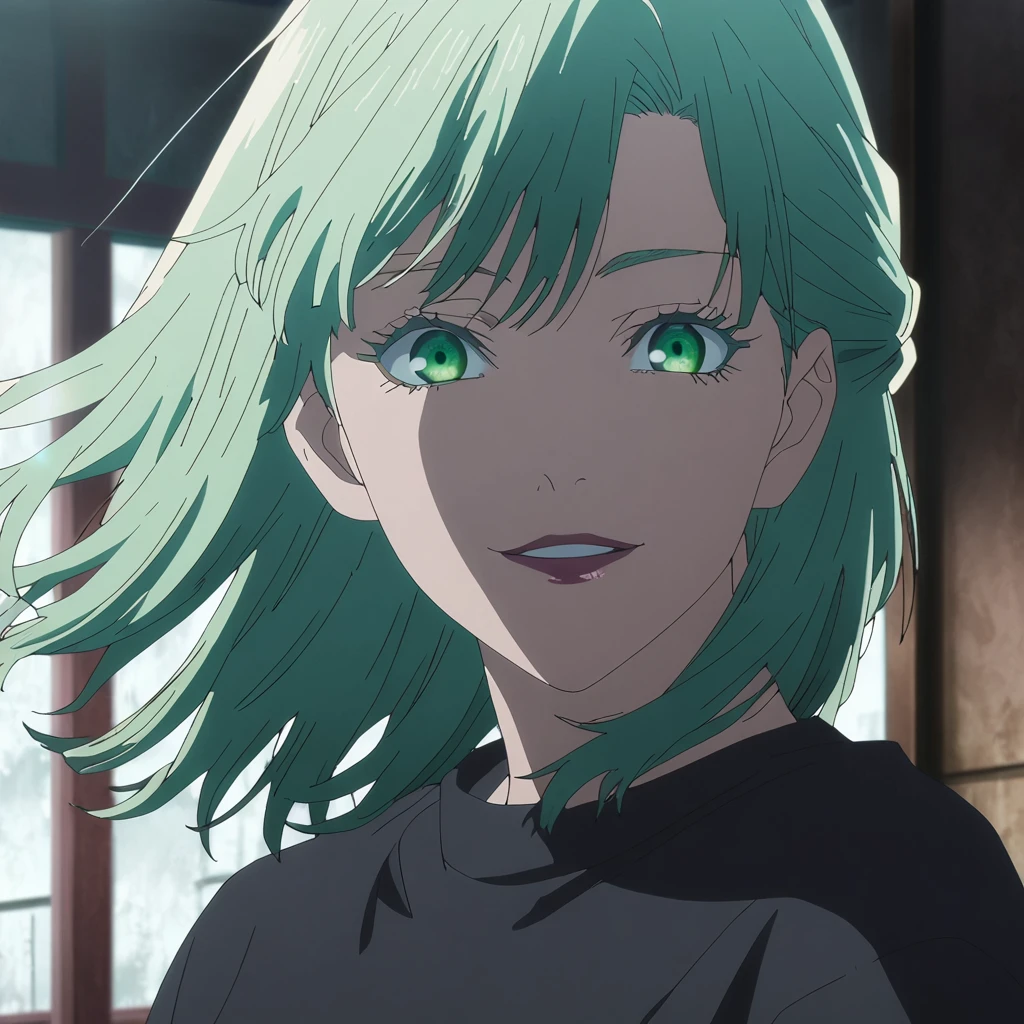 1girl, female gojo satoru, anime screencap from jujutsu kaisen, gojo satoru female version, solo, long_Green hair, hair strands, french braid, black round sunglasses, Green Eyes, parted_lips, smiling, looking_at_viewer, perfect background, indoors, side view, white_hair, bangs, eyelashes, portrait, black_shirt, shirt, hair_between_eyes, floating hair, (hair strands, french braid) ((shot from behind))