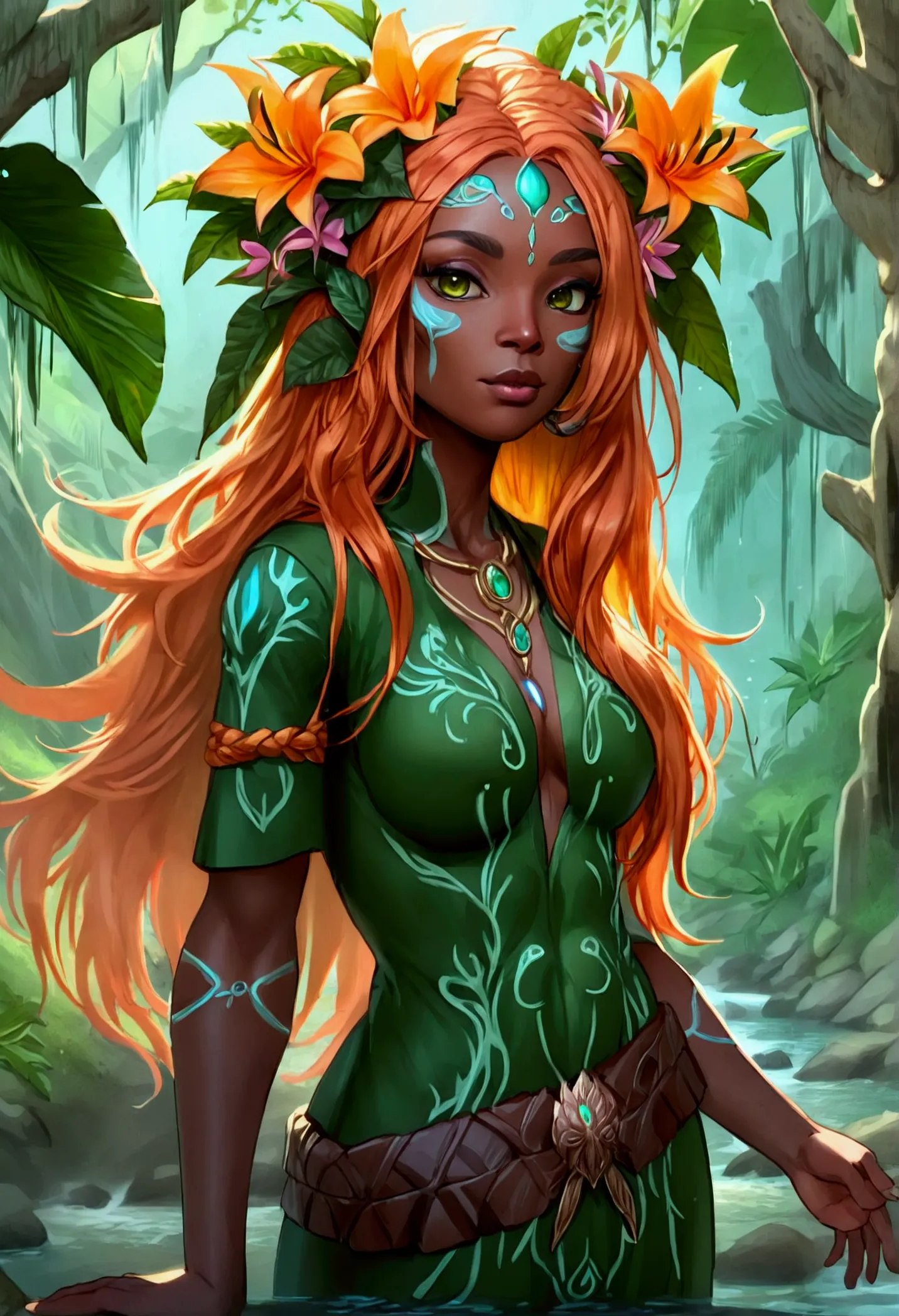  a picture of a druid in her jungle cove, an exotic, most beautiful human druid, priest of nature, warden of the wild of the jun...