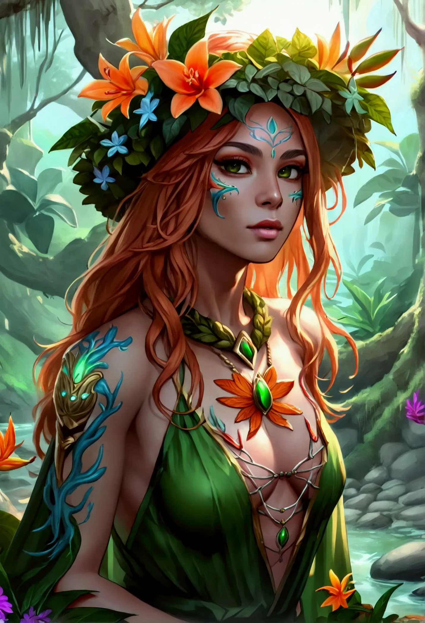 a picture of a druid in her jungle cove, an exotic, most beautiful human druid, priest of nature, warden of the wild of the jun...