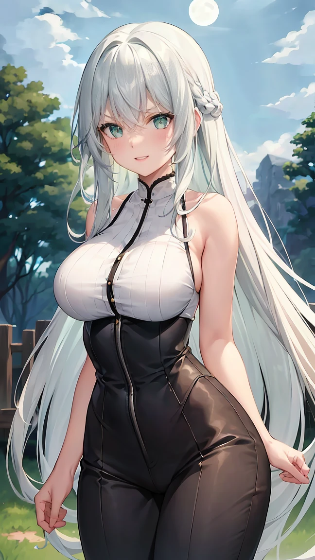 Girl with long green hair,Inner color and white hair、 Beautifully shaped breasts with tension, Green Eyes, Moonlight、moonlight、、、,The whole body from head to toe、Proud expression、Older sister、Emotionally rich facial expressions、(Flying in the air)、Crisp eyebrows、Sleeveless shirt、、Long pants with slits、Beauty under the moon