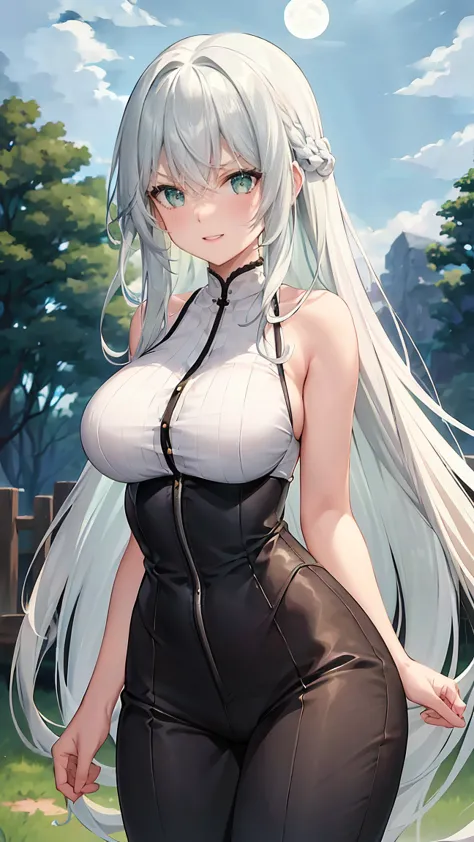 Girl with long green hair,Inner color and white hair、 Beautifully shaped breasts with tension, Green Eyes, Moonlight、moonlight、、...