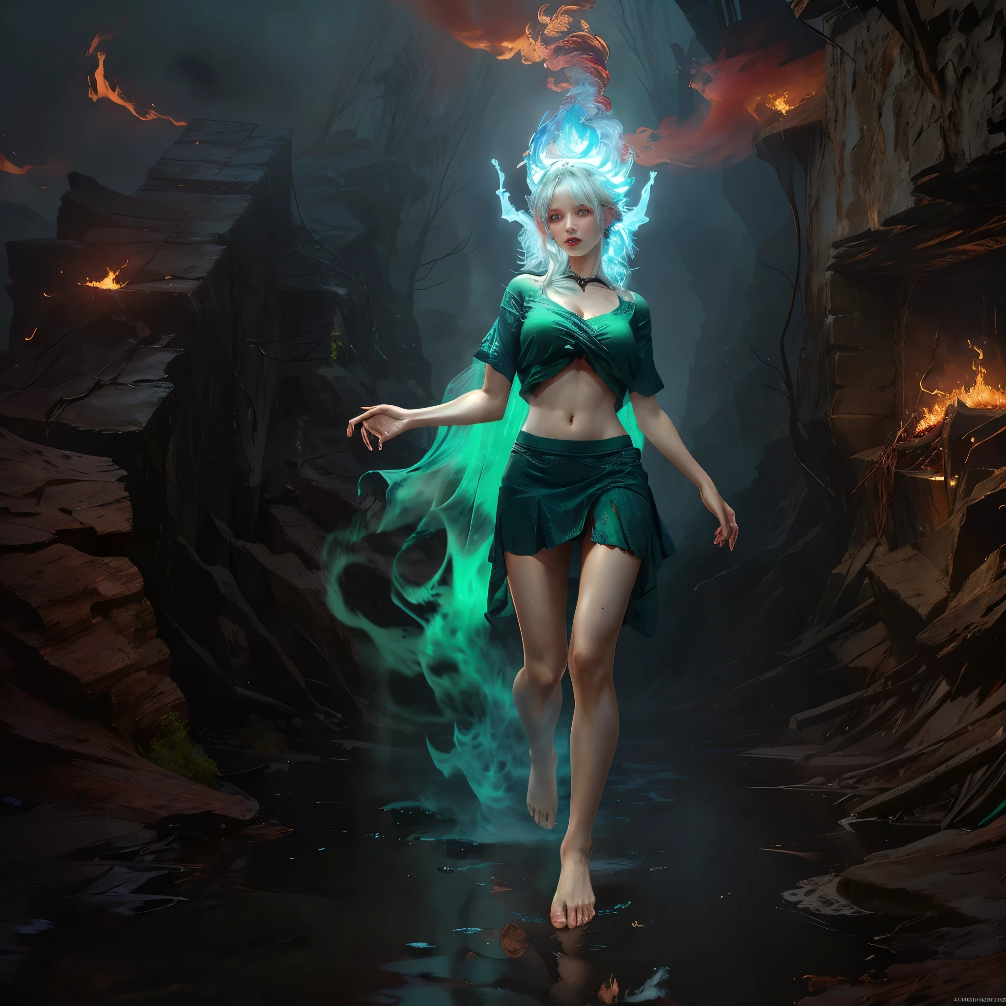 A highly detailed and hyper-realistic depiction of a princess in green skirt, in blue shirt, fire elemental girl, wearing white panties, Realistic hands. ((full body)), mybeauties, The perspective is from below. ((Full body, bare feet)). The character is surrounded by mist, evoking a mysterious and eerie atmosphere. The lighting is dark and atmospheric, with a red smoke adding a touch of sinister ambiance. The image is of the best quality, with a resolution of 4k and HDR enhancement, showcasing the utmost level of detail and realism, sfw, full body shot.