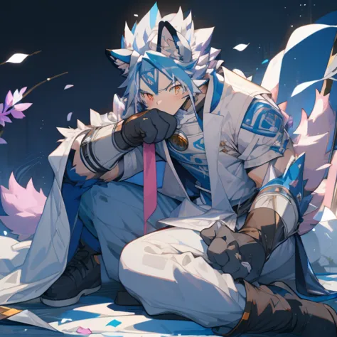 white hair，a little bit of pink，nine-tailed fox beastman with light blue and lavender hair，white robe，white gauze outer，male，nin...